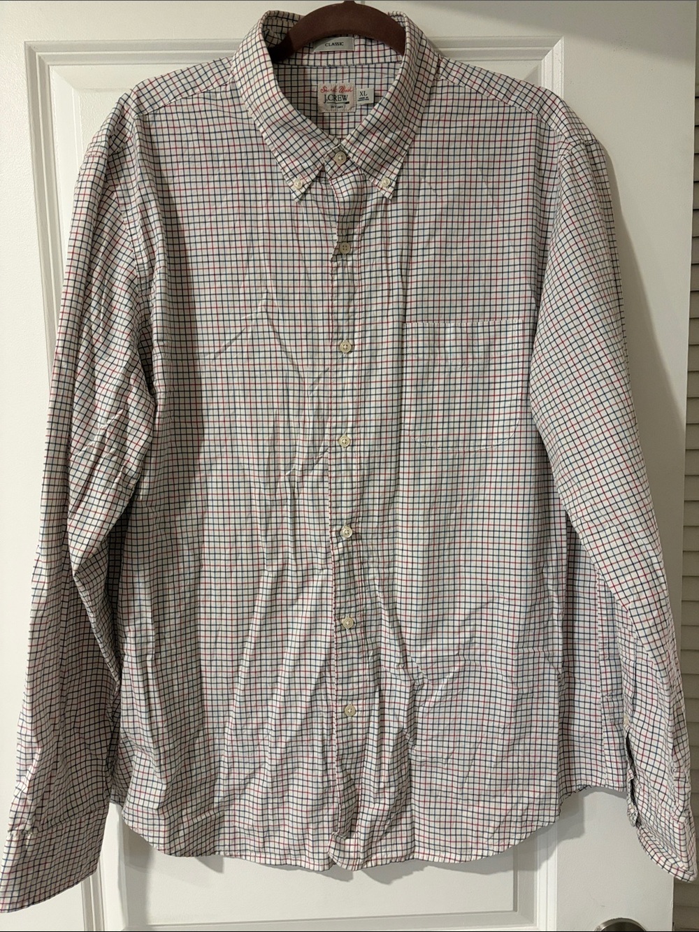 JCrew Men's 100% White Button-Down Shirt with Red and Blue Check